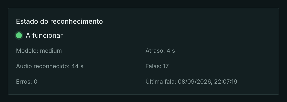 Estado do reconhecimento: a funcionar, atraso, áudio reconhecido, falas