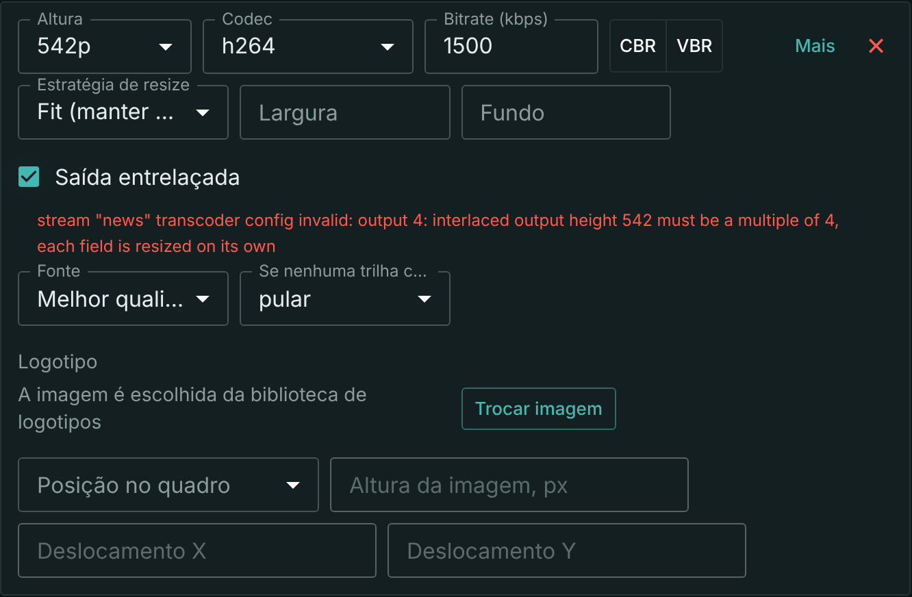 Um degrau 542p com Saída entrelaçada marcada e o motivo da recusa abaixo