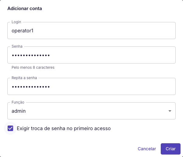 Criar uma conta de operador com senha temporária